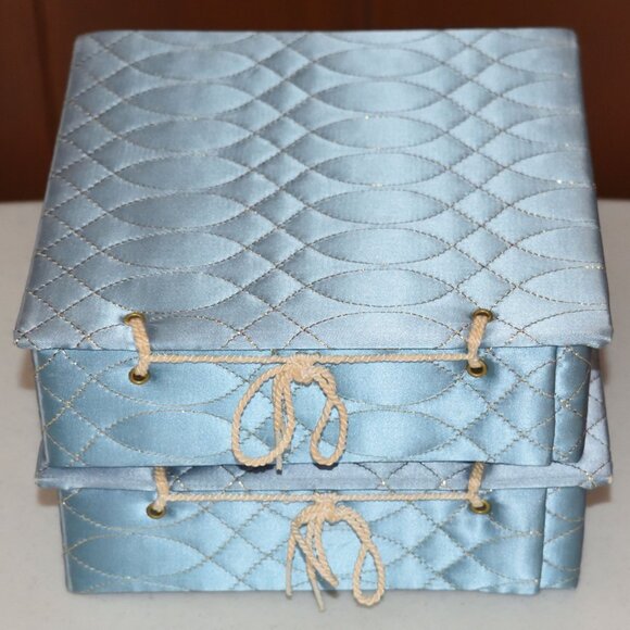 Lot of (2) Vtg Blue Quilted Satin Vanity Square Box For Glove Handkerchief Scarf - Picture 4 of 8